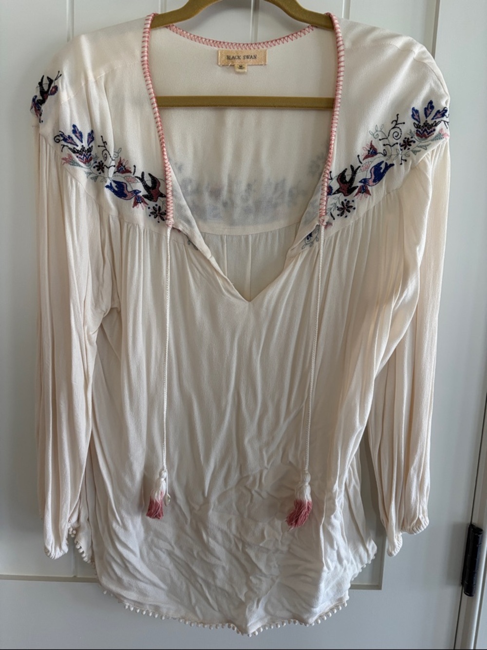 Black Swan Cream Boho Tunic with Pink and Blue Embroidery
